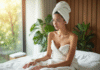 Jeune femme en serviette blanche dans un spa lumineux