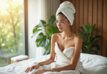 Jeune femme en serviette blanche dans un spa lumineux