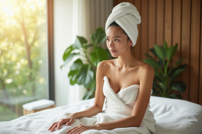 Jeune femme en serviette blanche dans un spa lumineux