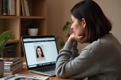 Femme aux cheveux bruns utilisant un testeur de coupe de cheveux en ligne sur son ordinateur portable à la maison