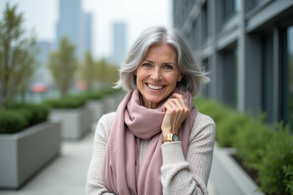 Femme de 65 ans souriante en extérieur avec foulard