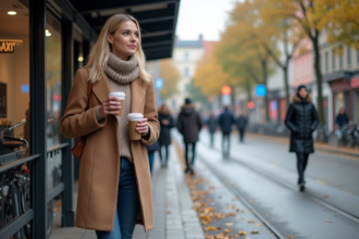 Femme souriante à la station de tram en hiver