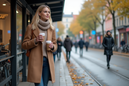 Femme souriante à la station de tram en hiver