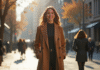 Femme souriante en ville automne avec manteau camel
