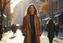 Femme souriante en ville automne avec manteau camel