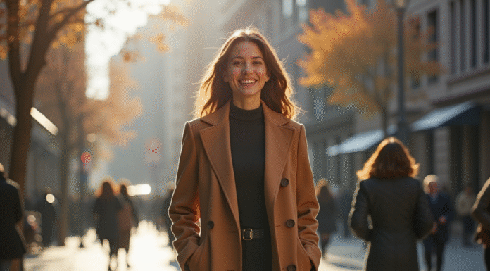 Femme souriante en ville automne avec manteau camel