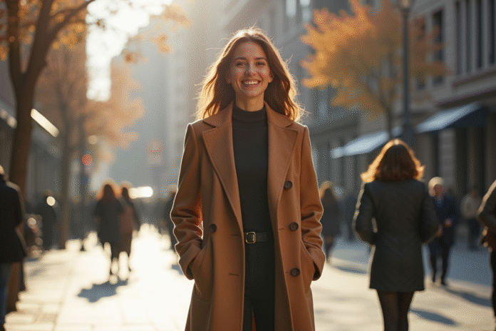 Femme souriante en ville automne avec manteau camel