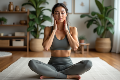Femme pratiquant le yoga facial dans un salon calme