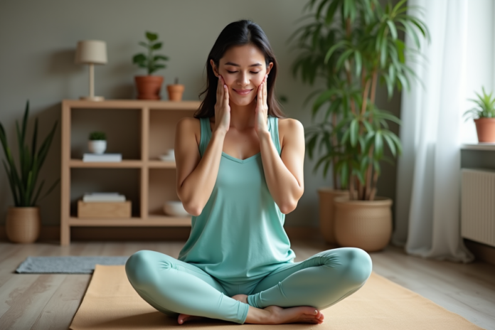 femme-yoga-visage Femme pratiquant le yoga facial en intérieur