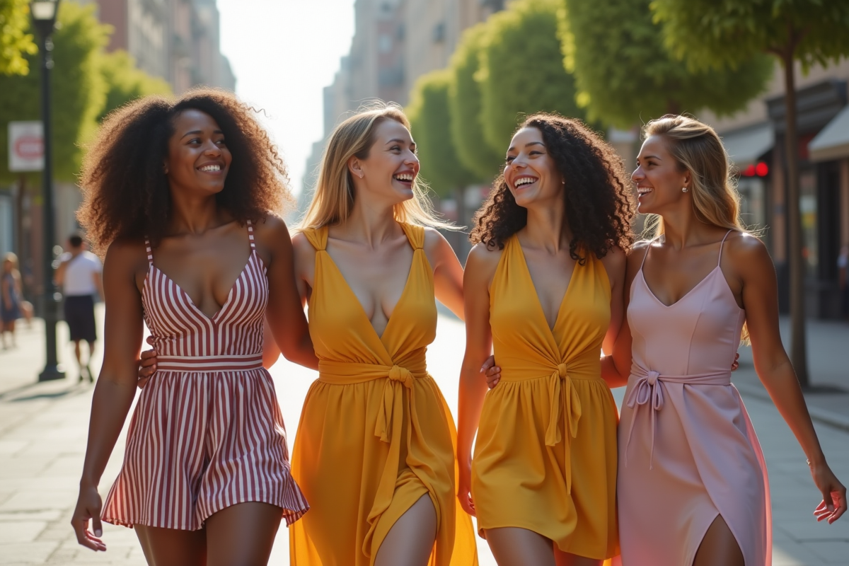 Groupe de femmes souriantes marchant dans la ville en robes stylées