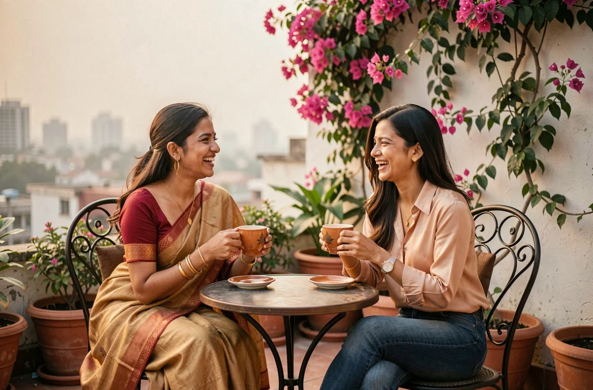 Deux femmes indiennes souriantes en sari moderne et en jean sur une terrasse de café à Delhi, fusion des styles traditionnel et contemporain