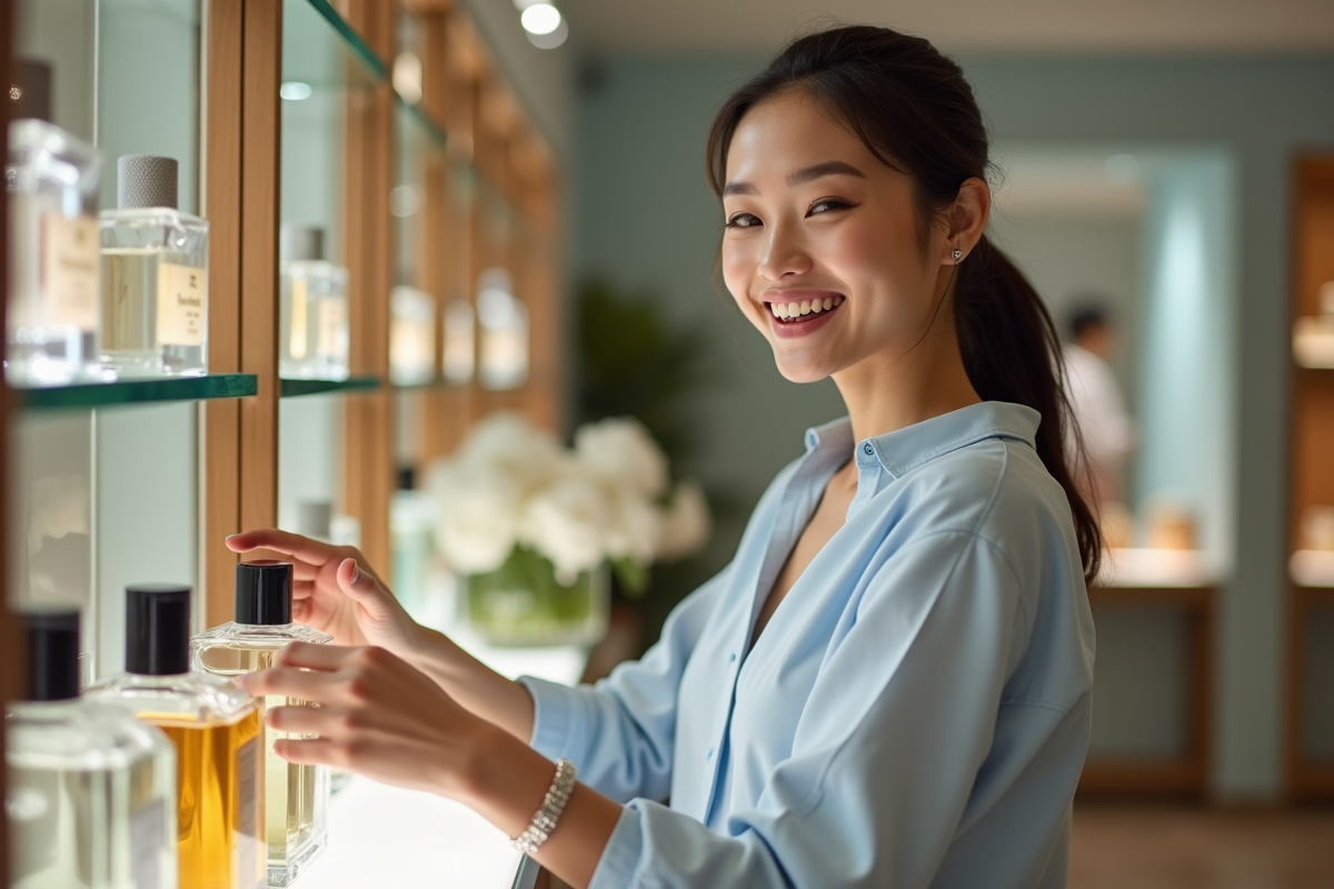Jeune femme souriante examinant des flacons de parfum en boutique