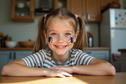 Jeune fille avec maquillage visage araignee dans la cuisine