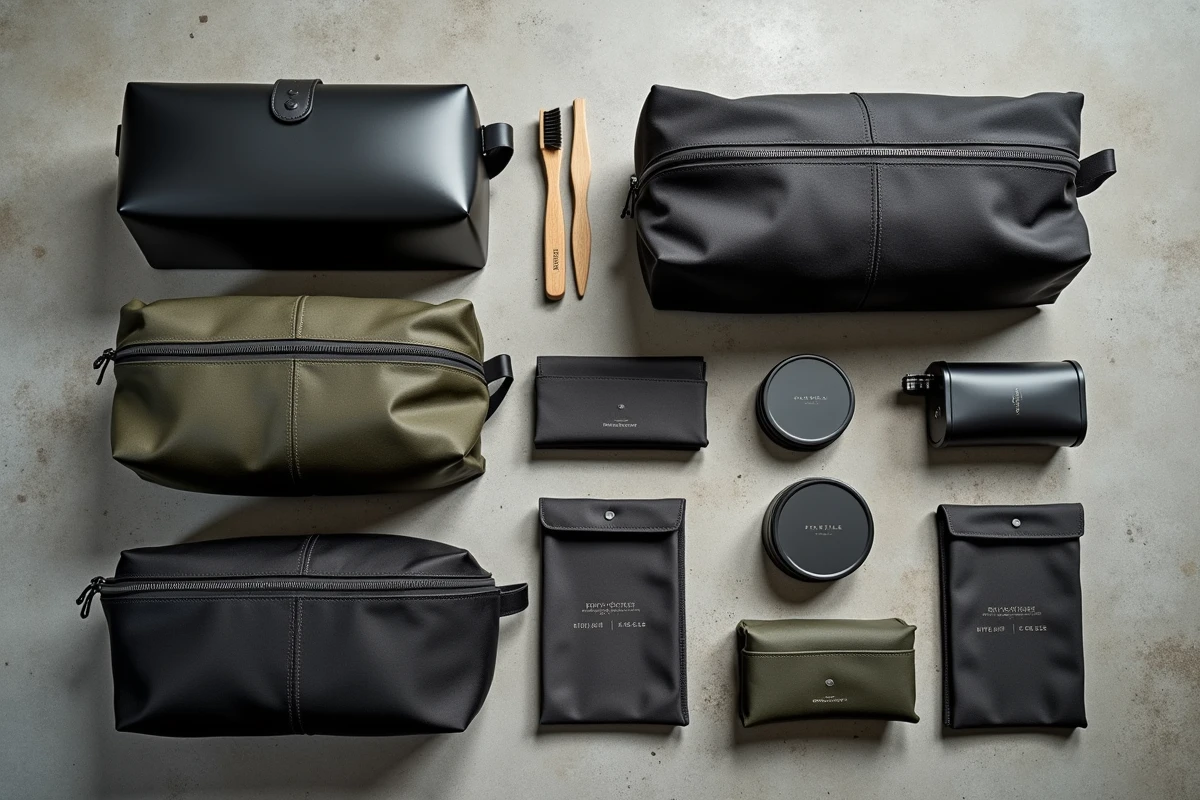 Flat-lay de plusieurs cases vanity homme en cuir et toile avec accessoires de toilette sur béton