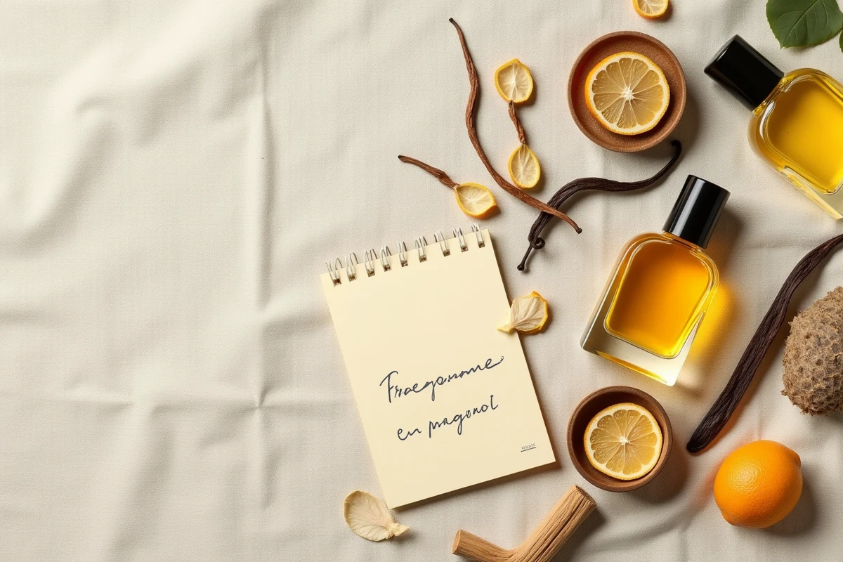 Composition flat-lay de flacons de parfum, ingrédients naturels et notes olfactives manuscrites sur lin crème