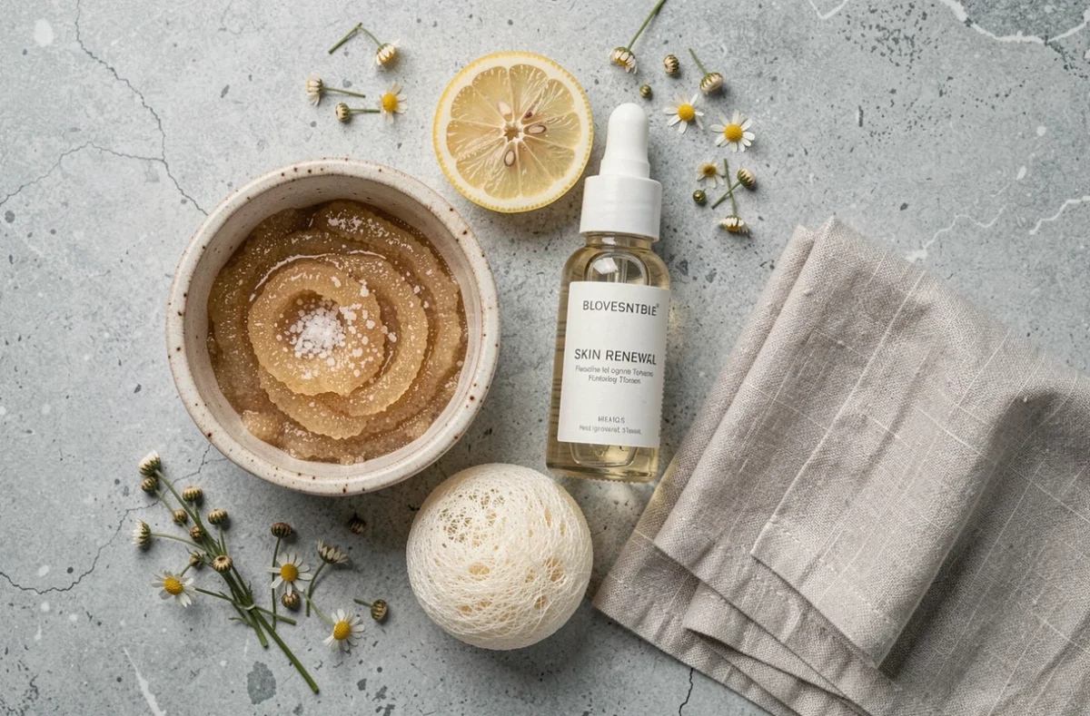 Flatlay de produits exfoliants naturels pour le renouvellement de la peau sur une surface en pierre grise