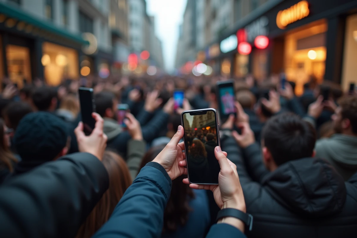 Foule de personnes filmant avec leurs smartphones dans une rue animée, symbolisant l'intrusion médiatique et la toxicité de la célébrité virale