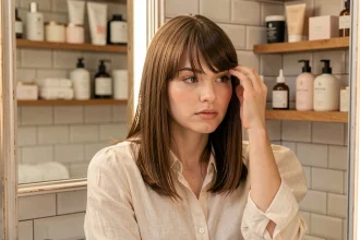 Femme aux cheveux fins avec une frange rideau brune regardant son reflet dans un miroir de salle de bain