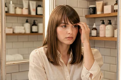 Femme aux cheveux fins avec une frange rideau brune regardant son reflet dans un miroir de salle de bain