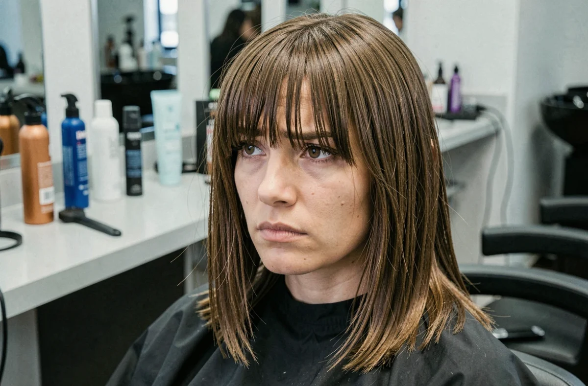Femme en salon de coiffure avec une frange rideau brune trop lourde pour les cheveux fins