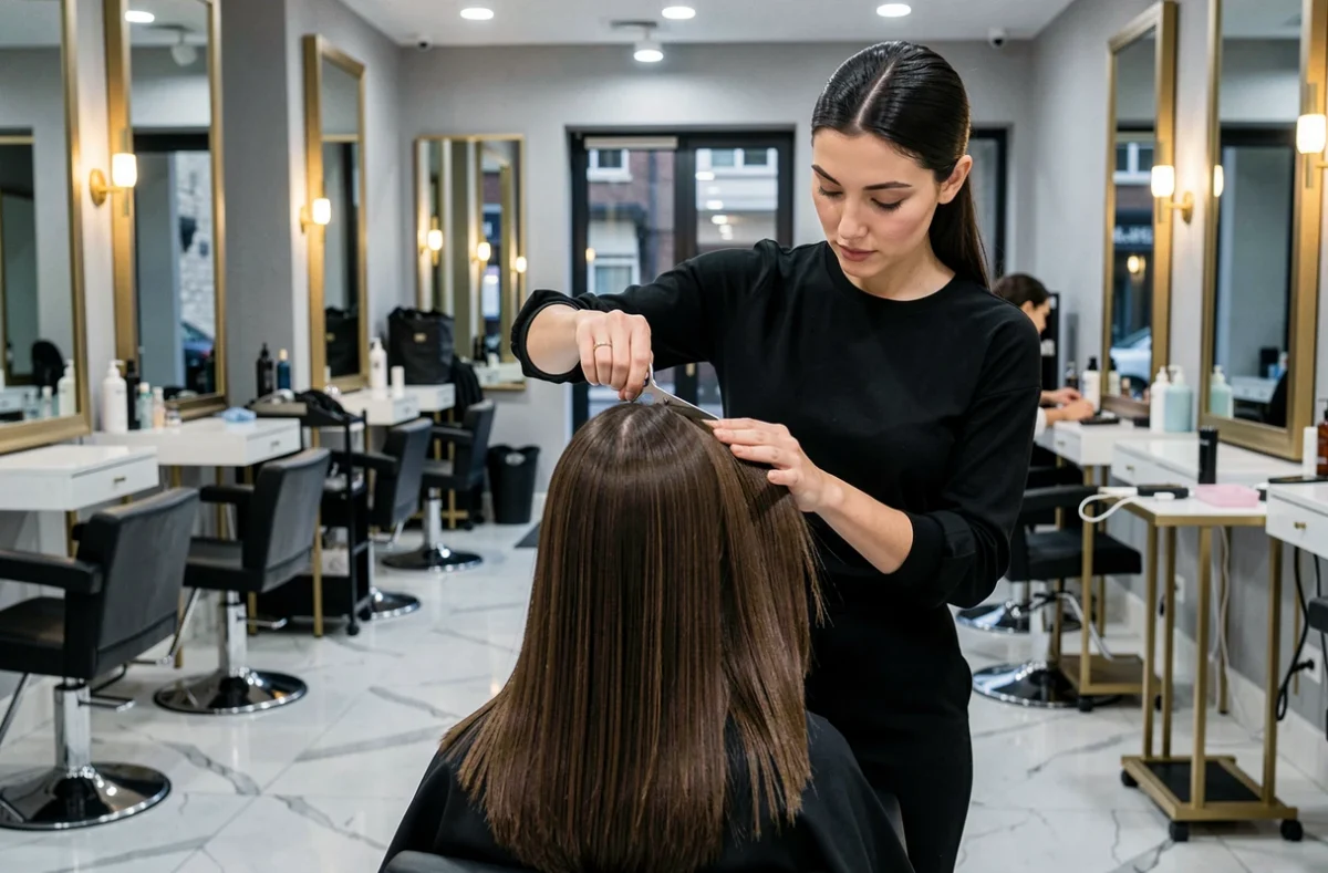 Coiffeuse du salon Glossy Coiffure à Roubaix réalisant une coupe précise dans un cadre luxueux aux accents dorés