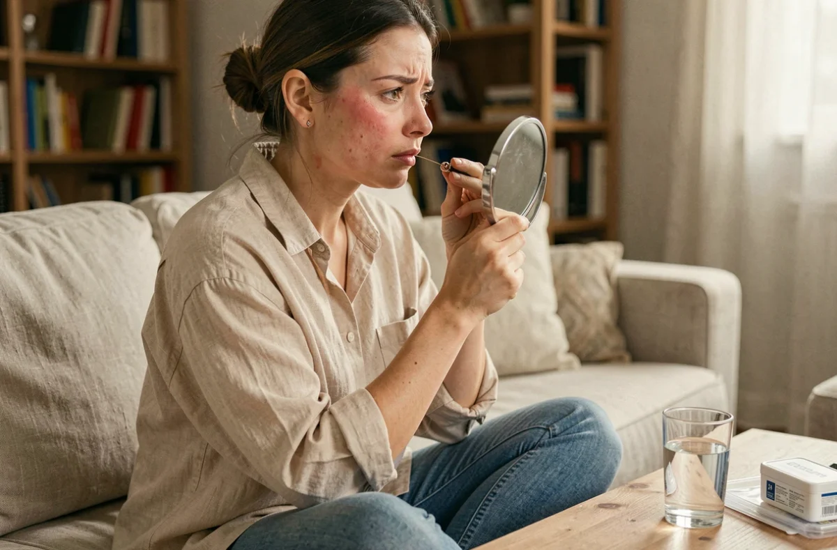Femme inspectant le gonflement autour de son piercing labret dans un miroir à la maison