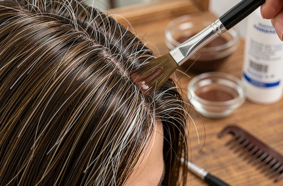 Gros plan sur l'application d'un soin repigmentant brun sur des cheveux blancs à la racine avec un pinceau