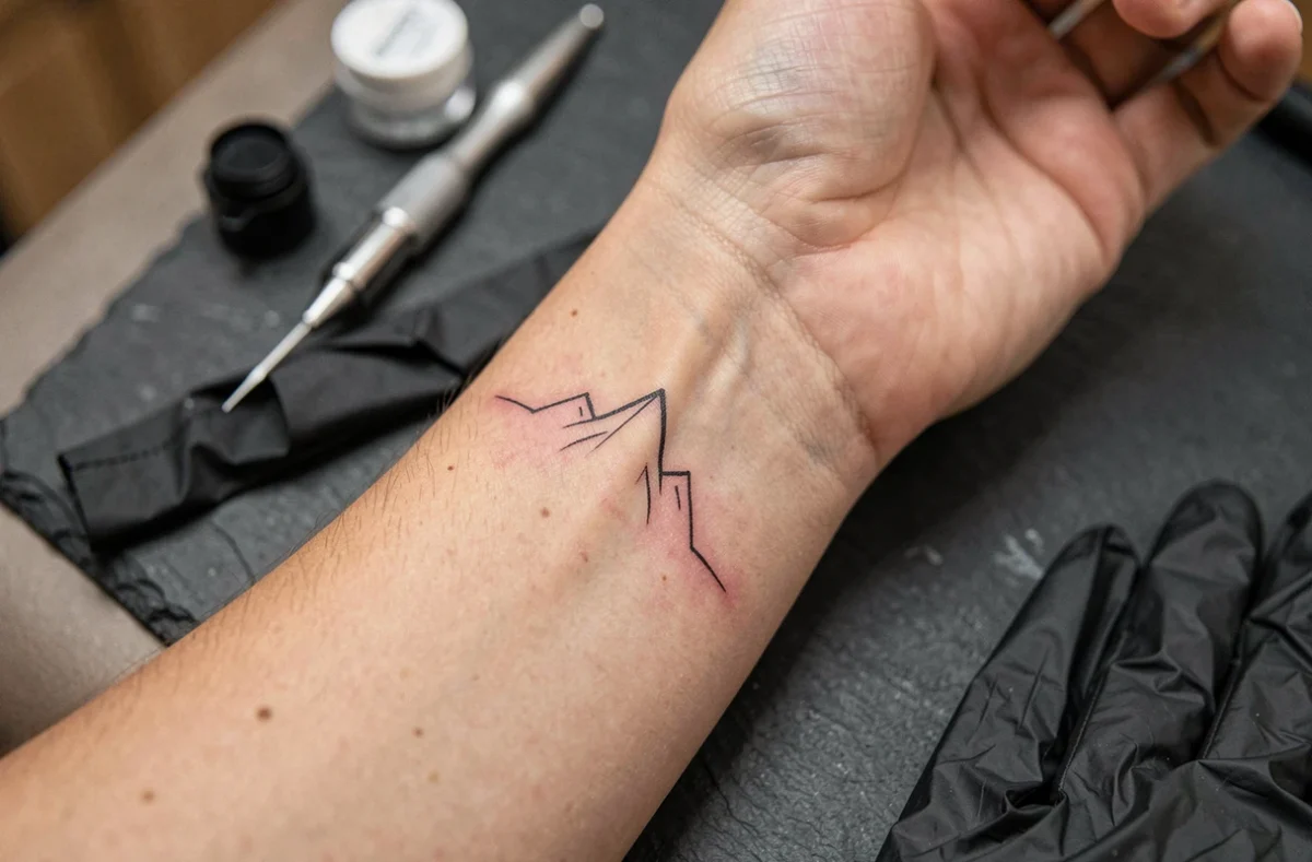 Gros plan d'un tatouage minimaliste trait fin représentant une montagne sur le poignet d'une femme dans un studio de tatouage à Toulouse