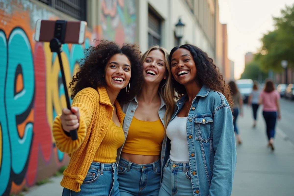 Groupe de jeunes femmes diverses filmant une vidéo TikTok ensemble dans la rue avec style et spontanéité