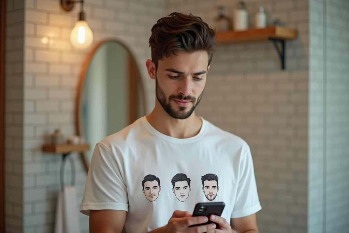 Jeune homme consultant une application de recommandation de coupe de cheveux sur smartphone dans une salle de bain