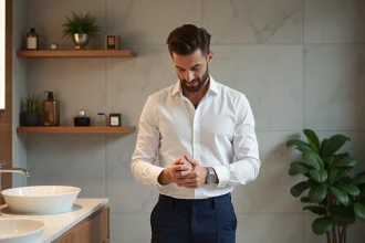 Homme appliquant de la cologne dans une salle de bain moderne