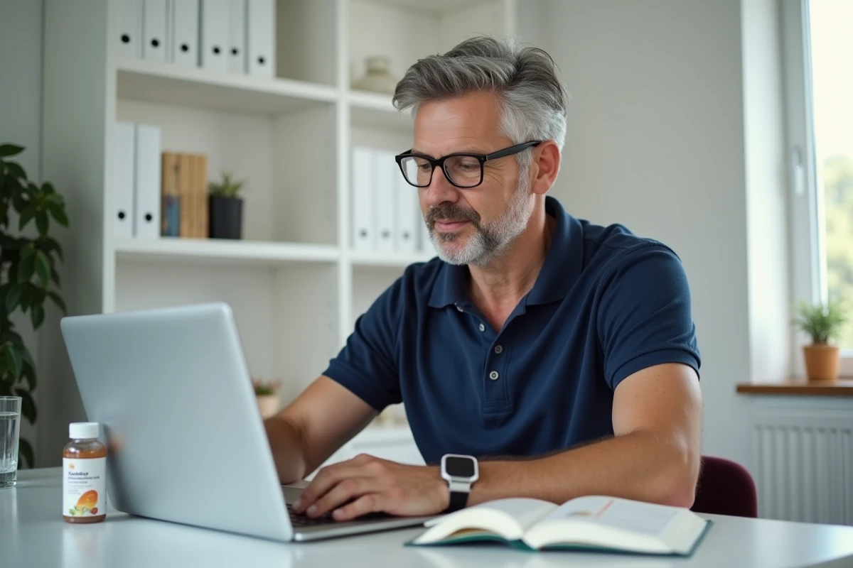 Homme rédigeant un avis client sur un complément naturel depuis son bureau à domicile
