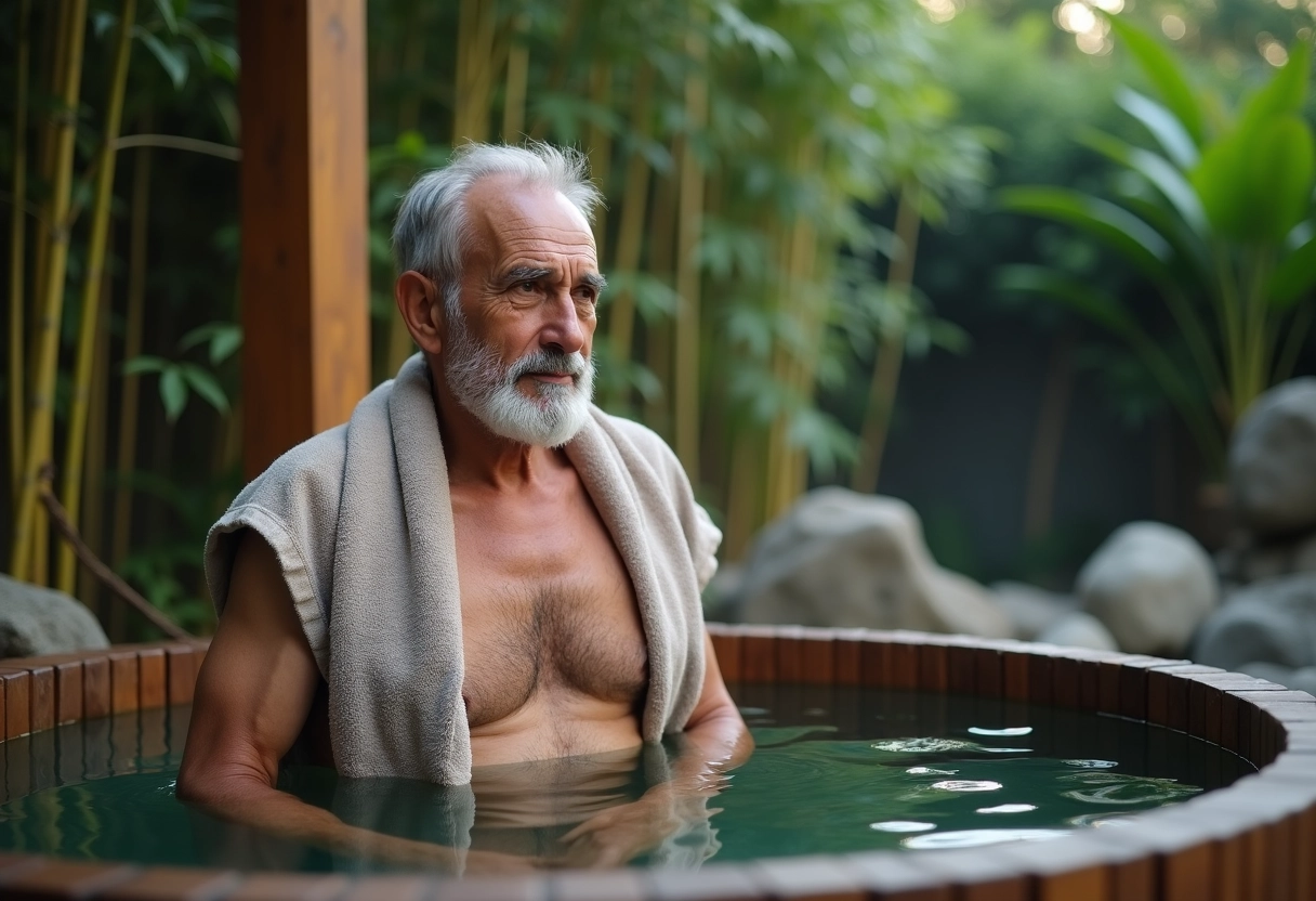 Homme âgé dans un bain en bois entouré de bambous