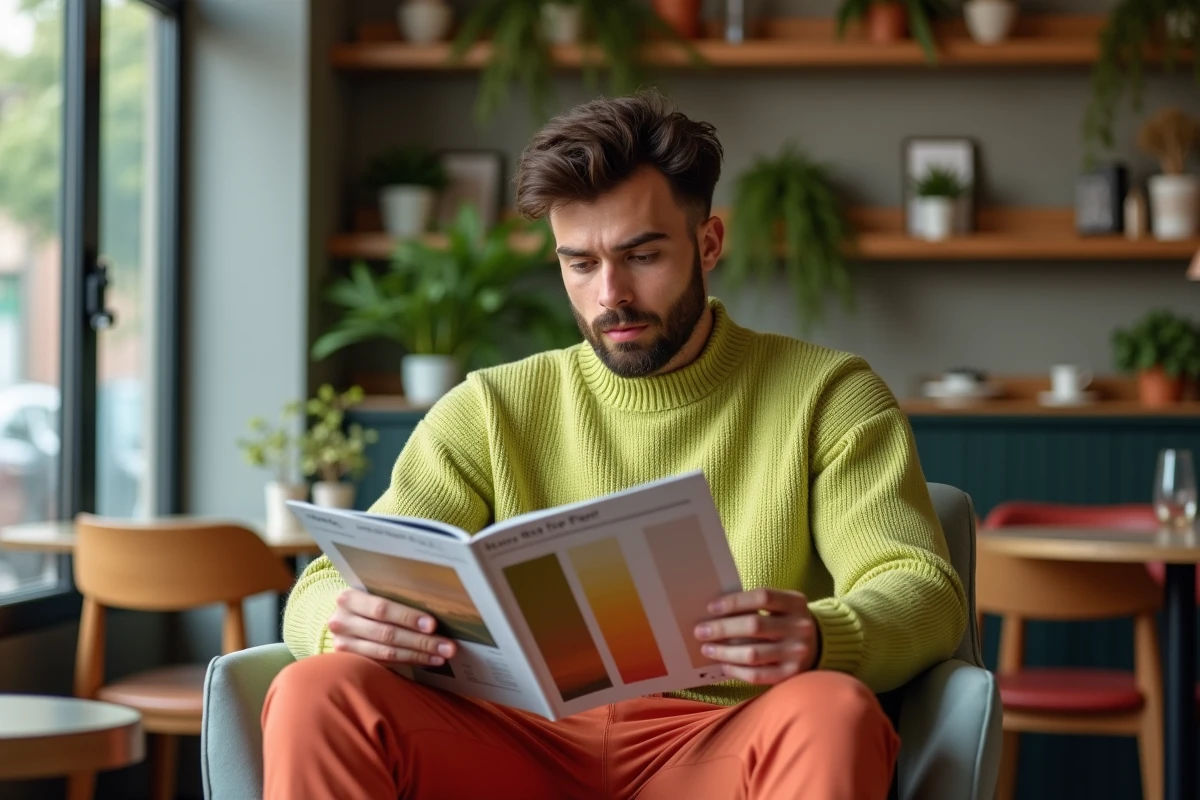 Homme en café avec pull vert pistache et pantalon corail
