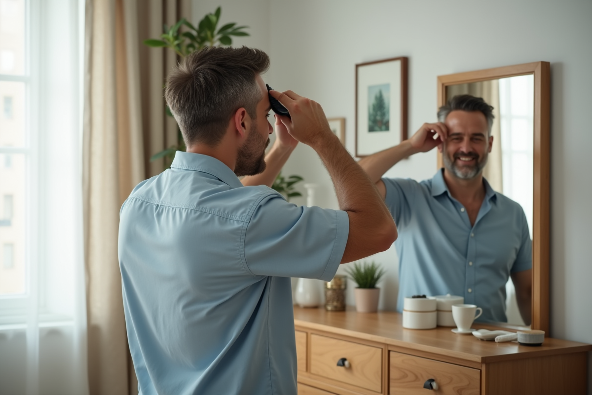 Homme se coiffant dans une chambre lumineuse et chaleureuse