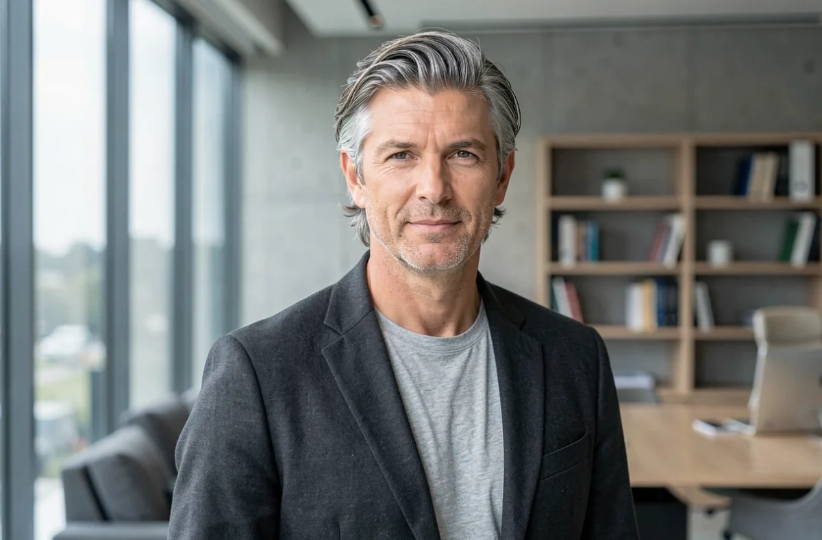 Homme mature aux cheveux épais mi-longs grisonnants coiffés en taper classique en environnement professionnel