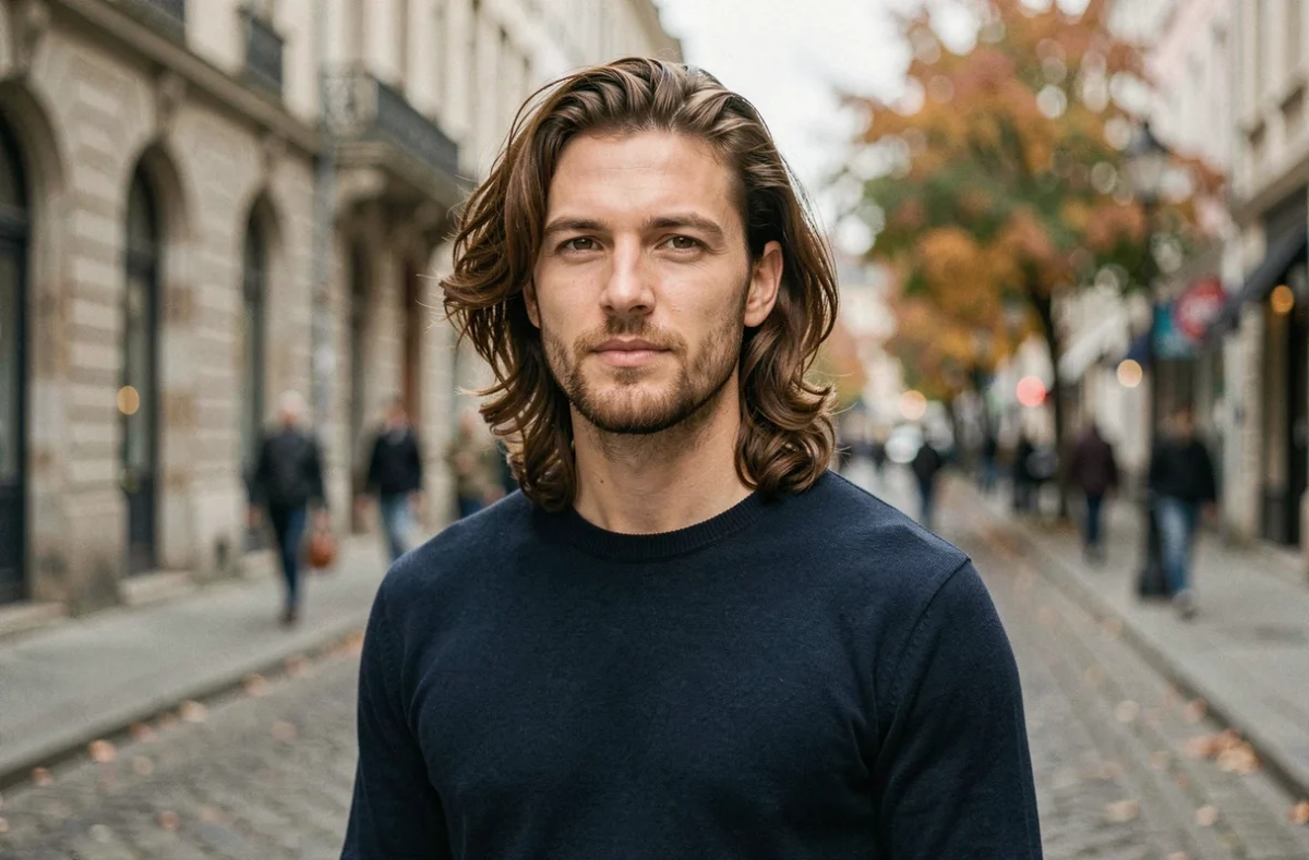 Homme avec une coiffure mi-longue volumineuse pour cheveux épais dans un cadre urbain européen