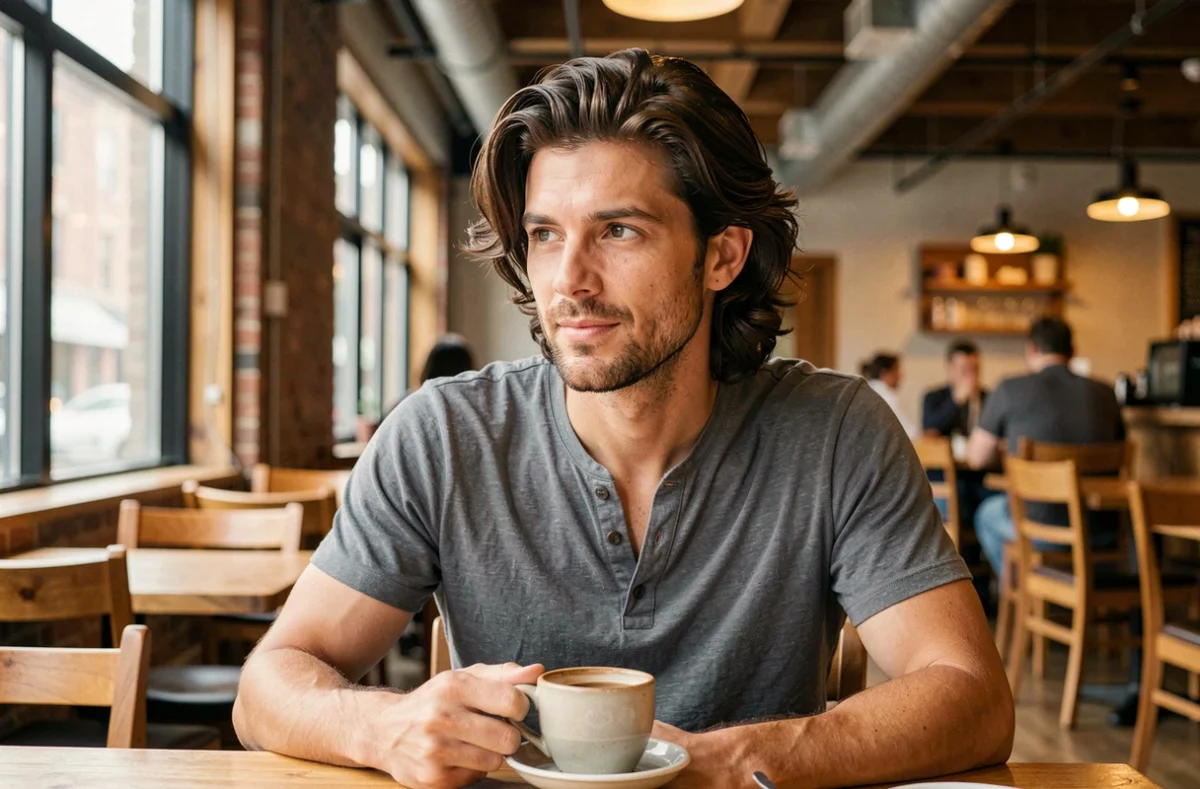 Homme aux cheveux mi-longs épais et ondulés coiffés avec une texture mate dans un café moderne