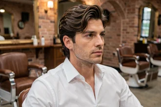 Homme aux cheveux mi-longs épais coiffés en side part texturé dans un salon de barbier moderne