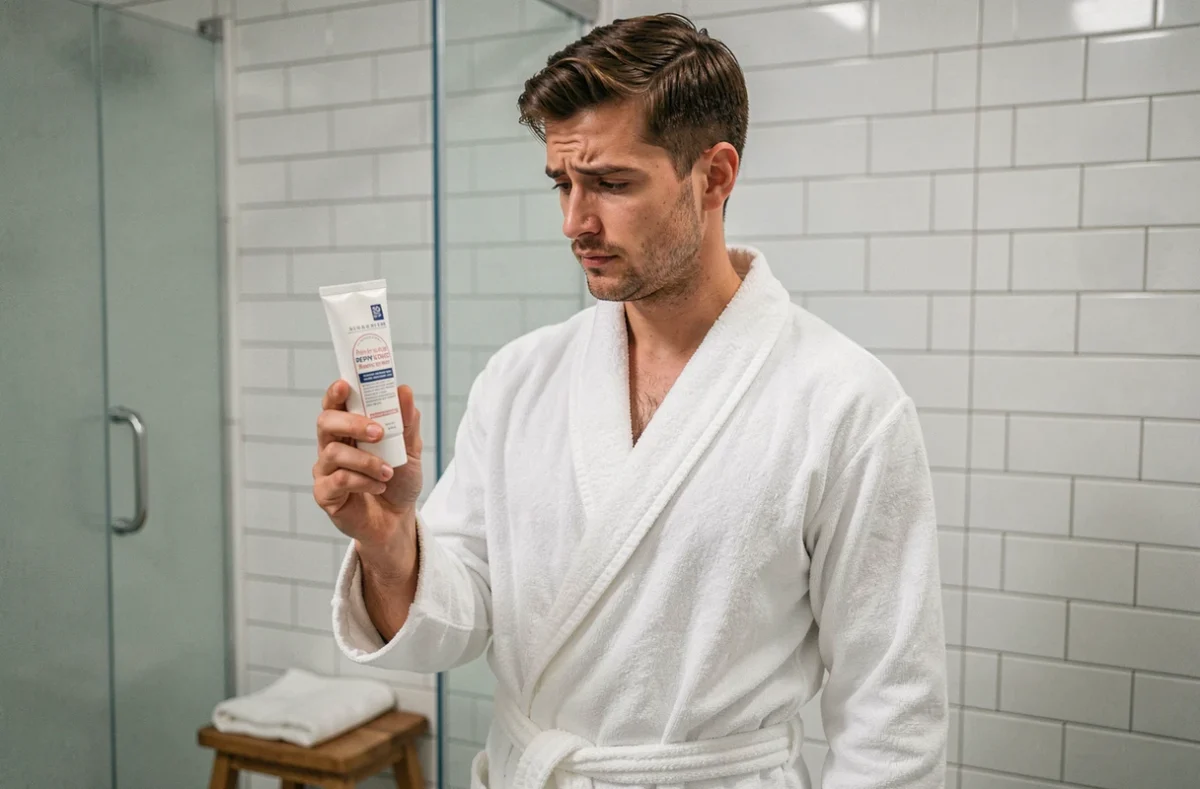 Homme en robe de bain examinant une crème dépilatoire dans une salle de bain carrelée blanche