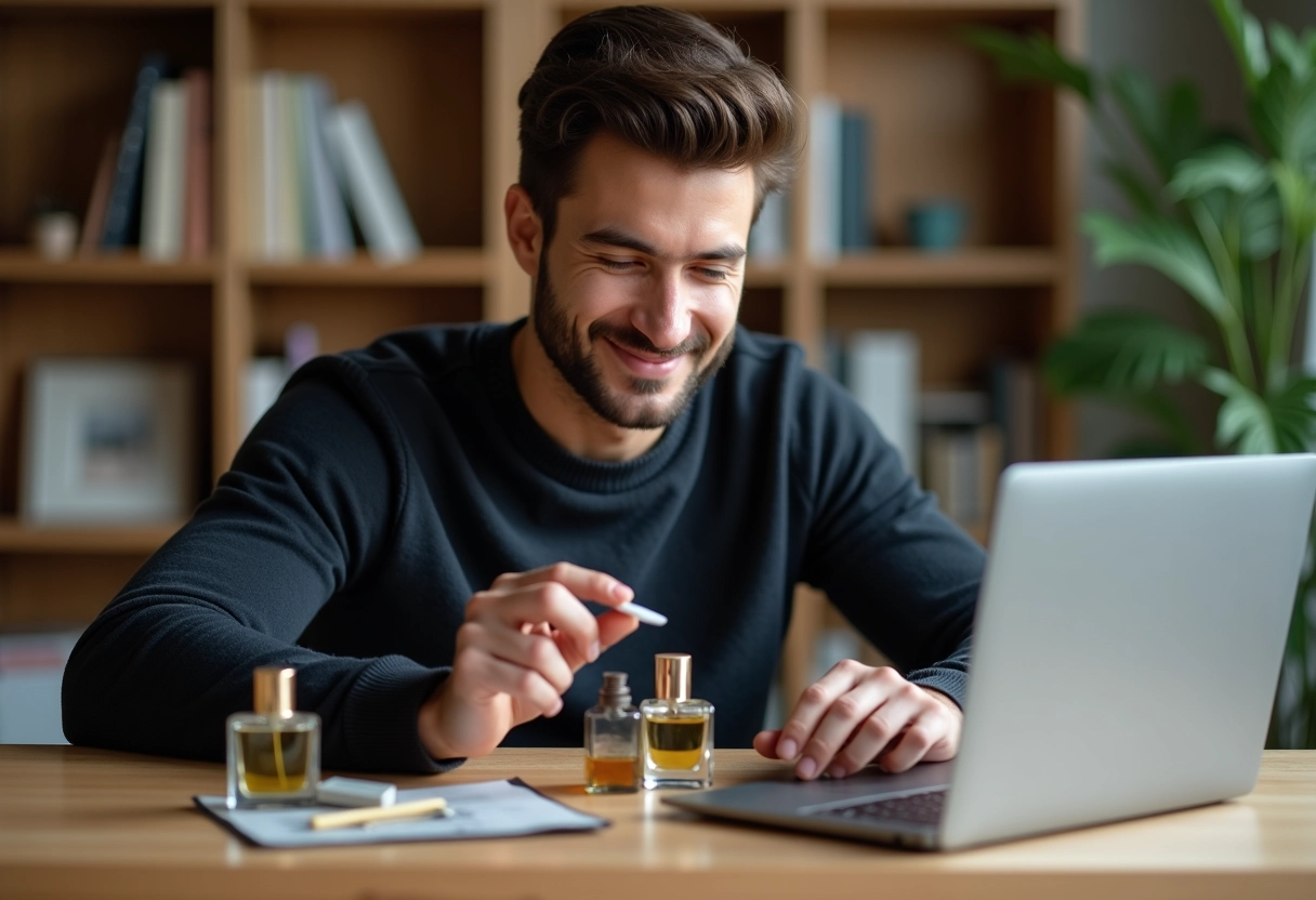Homme découvrant parfum à la maison