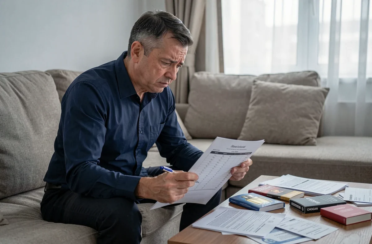 Homme découragé examinant des documents financiers liés à une activité Chogan, illustrant les difficultés de gagner de l'argent en MLM