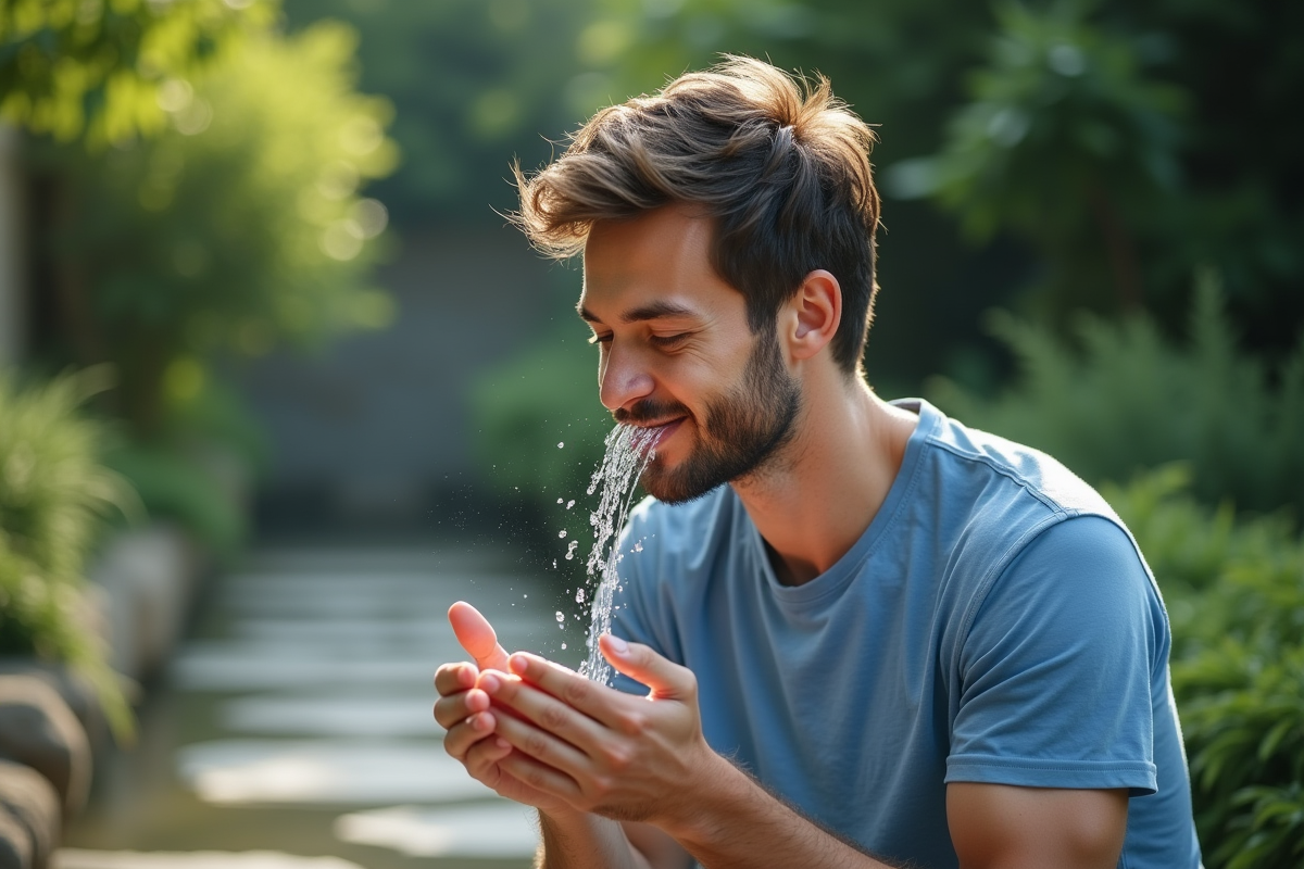 Homme se rafraichissant dans un jardin naturel