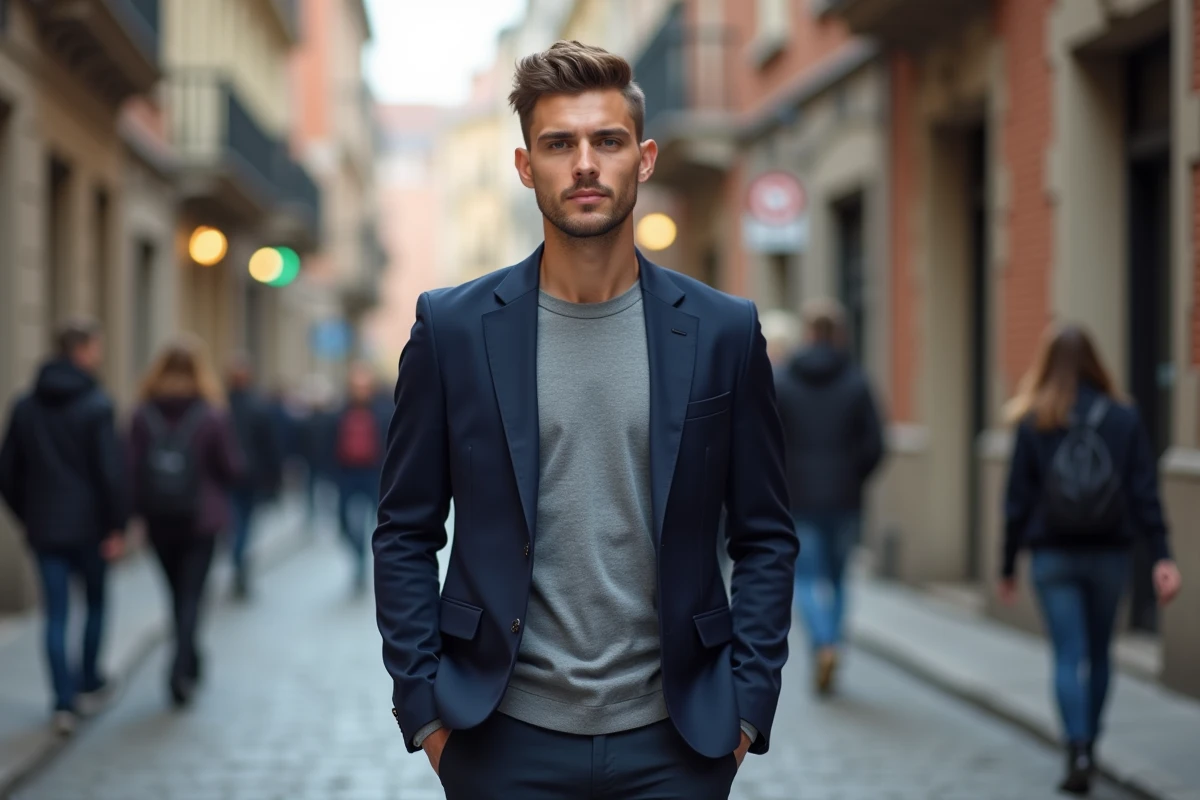 Homme élégant avec une coupe fade tapered soignée posant dans une rue pavée en ville avec un blazer marine