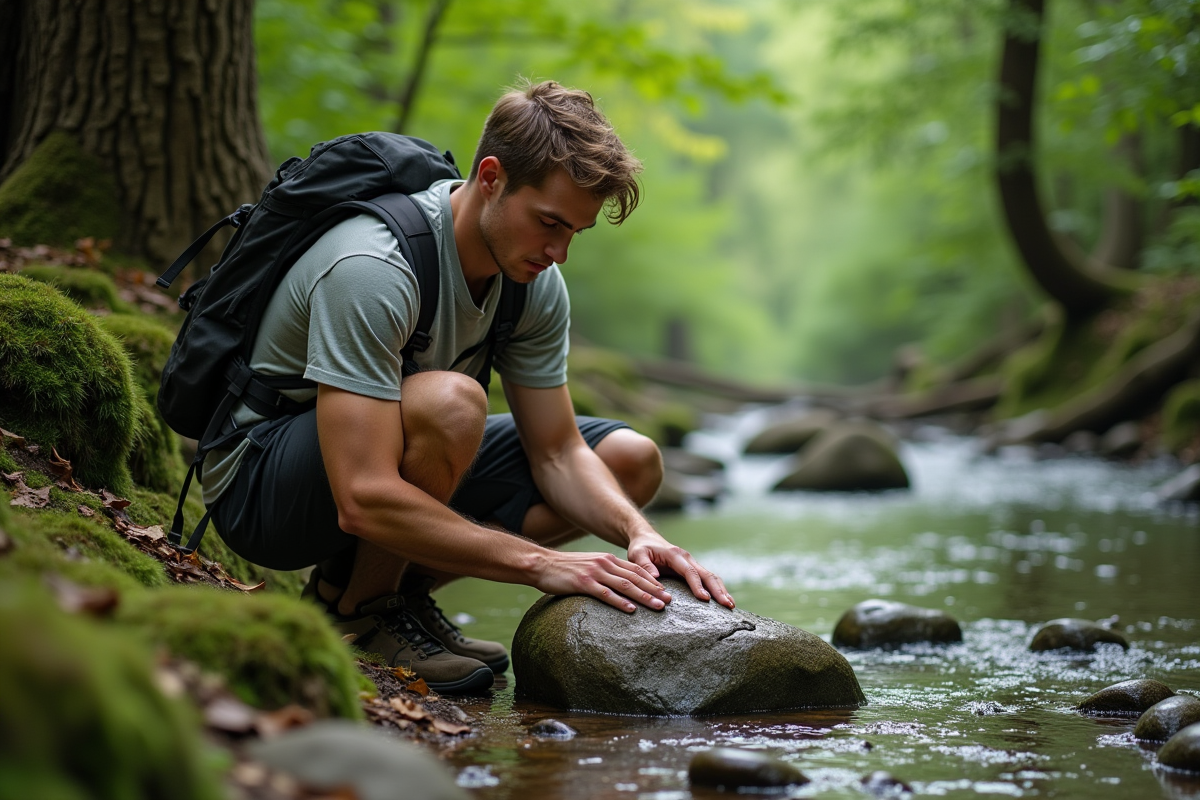 Jeune homme posant une pierre de guérison dans la nature