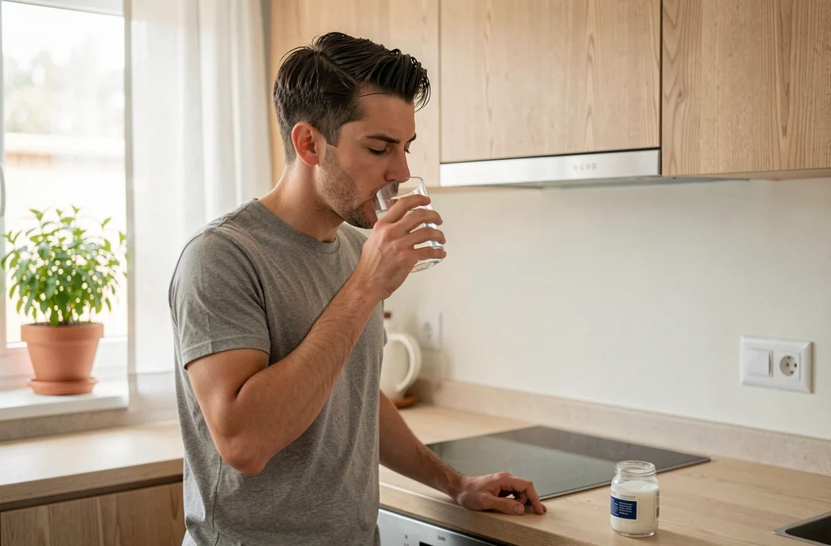 Homme pratiquant le bain de bouche à l'huile de coco dans une cuisine moderne pour blanchir les dents naturellement