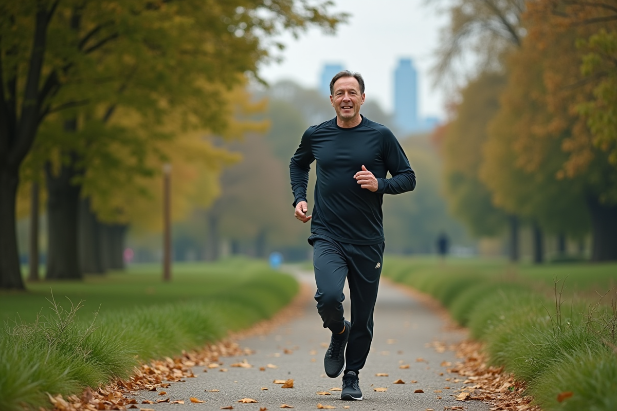 Homme courant dans un parc avec nature et ville en arrière-plan