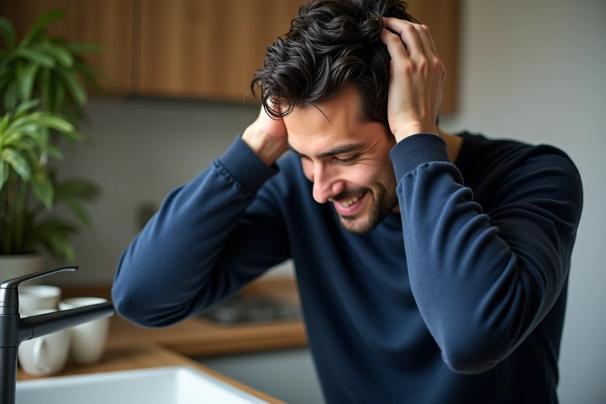Homme se lavant les cheveux dans la cuisine