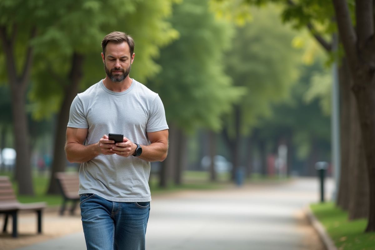 Homme marche dans un parc urbain en vérifiant son application fitness