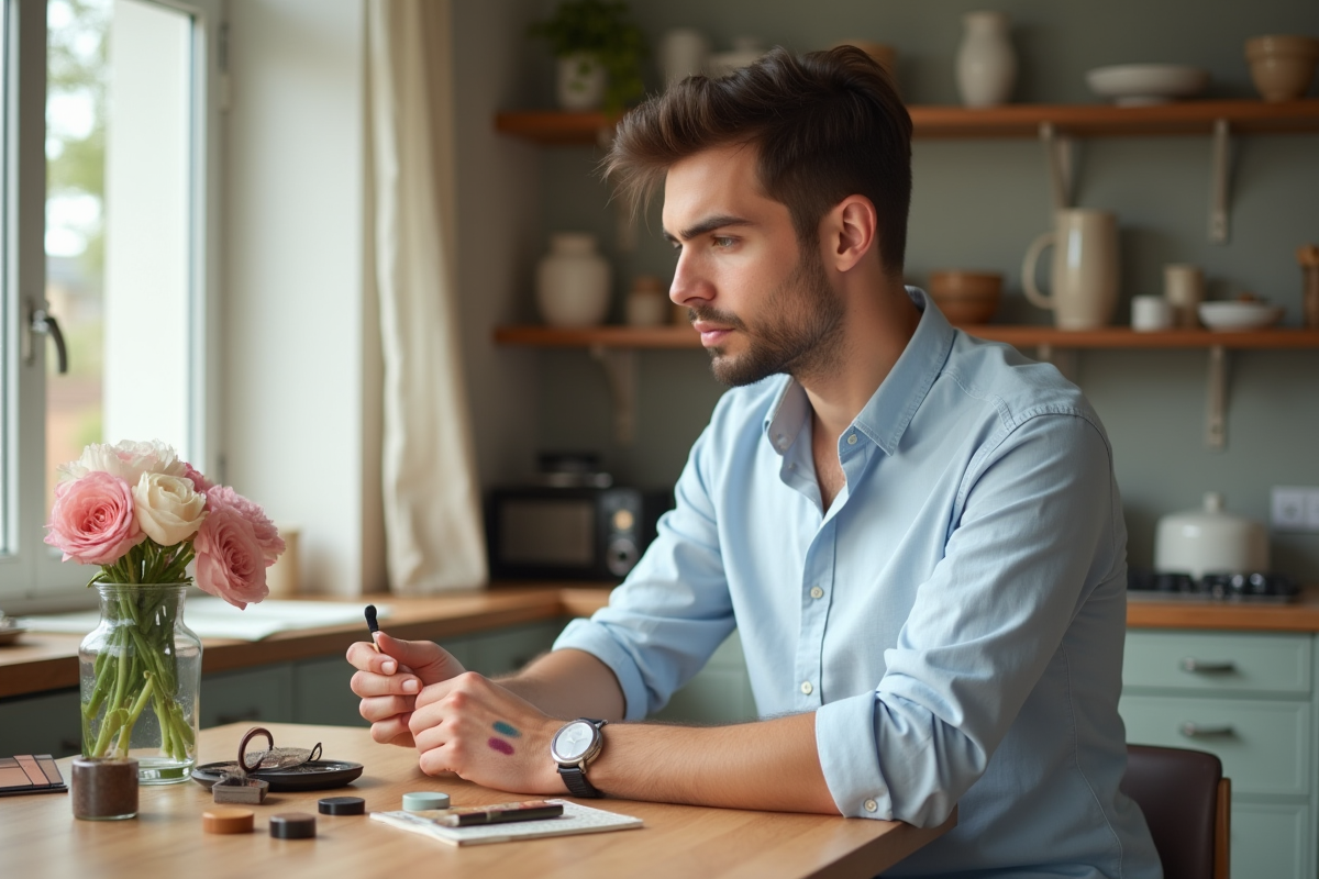 Jeune homme testant des ombres à paupières à la maison